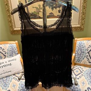 Vintage  by Linda sheer black top with fringe.